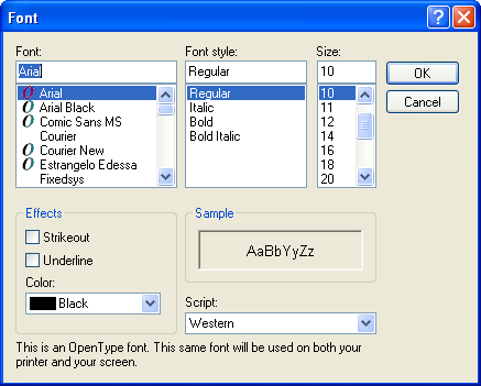 Font selection in Windows XP Pro