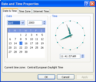 Time and date in Windows XP Pro (Date and Time Properties)