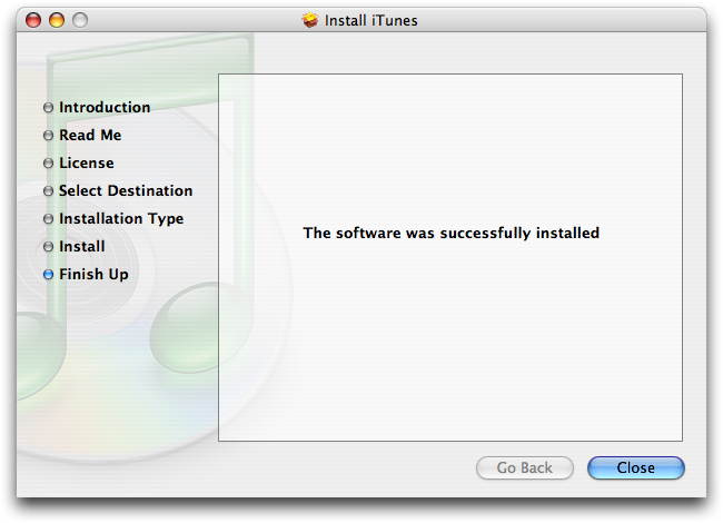 Installation complete in iTunes 5