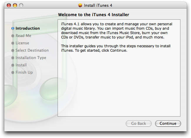 Welcome screen in iTunes 4.1