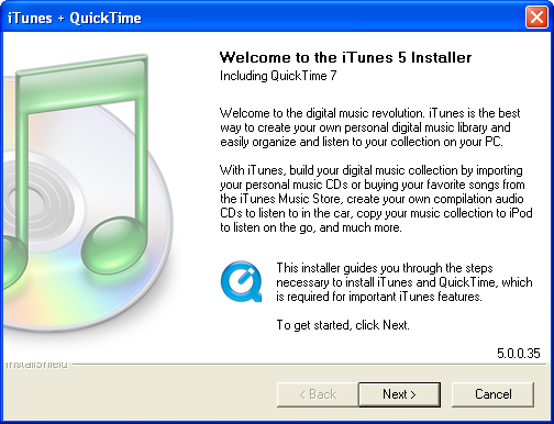 Welcome screen in iTunes 5