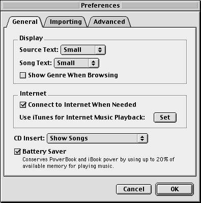 Preferences in iTunes 1.1