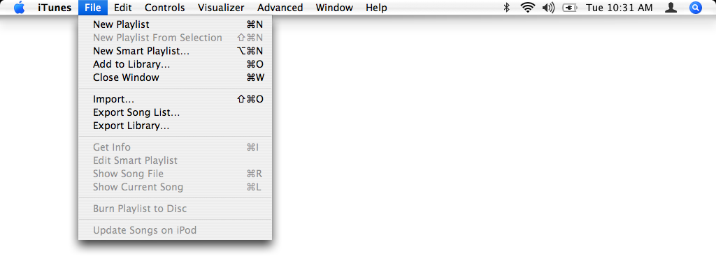 Menus in iTunes 4.1