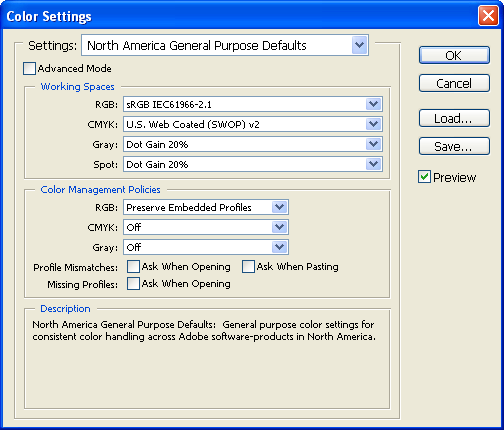 Colour settings in Adobe Photoshop CS