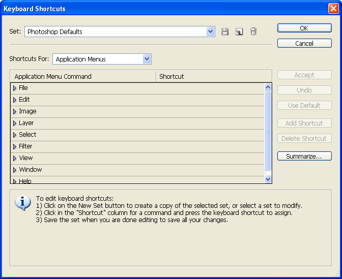 Keyboard shortcuts in Adobe Photoshop CS