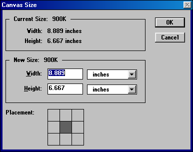 Canvas size in Adobe Photoshop 3.0.4