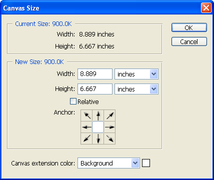 Canvas size in Adobe Photoshop CS