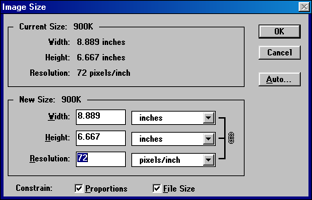 Image size in Adobe Photoshop 3.0.4