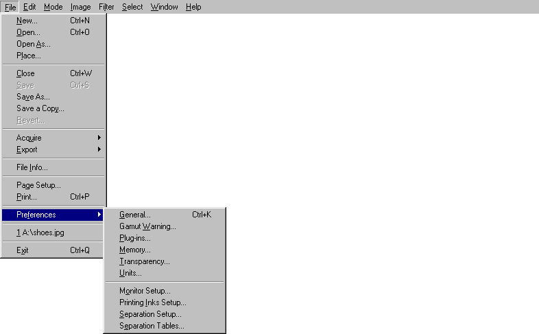 Menus in Adobe Photoshop 3.0.4