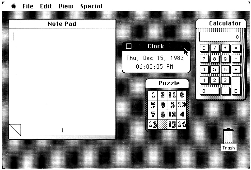 The Notepad, Clock, Puzzle, and Calculator have functions similar to those “real” objects on your desktop.