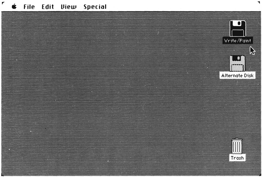Figure 1. The Mac desktop. The Write/Paint disk icon represents the documents and programs stored on the current disk; the Alternate Disk icon is used for copying files from one disk to another; and the trash can icon holds discarded documents.