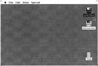 Figure 1. The Mac desktop. The Write/Paint disk icon represents the documents and programs stored on the current disk; the Alternate Disk icon is used for copying files from one disk to another; and the trash can icon holds discarded documents.