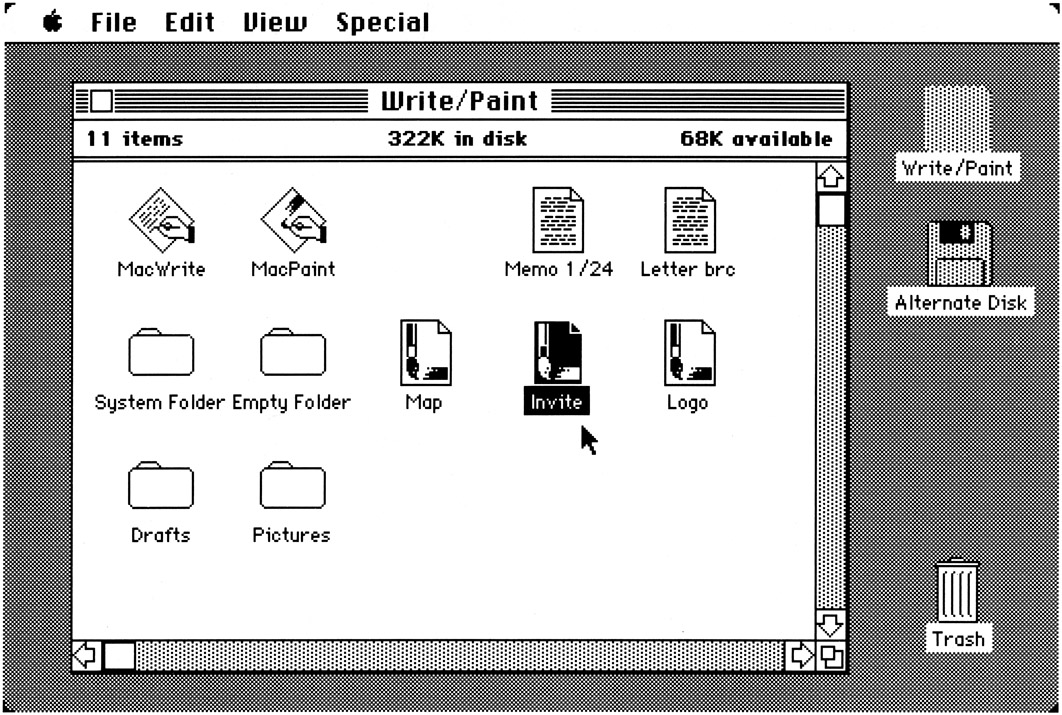 Figure 4. The disk window. The icons represent the documents and programs on the current disk.