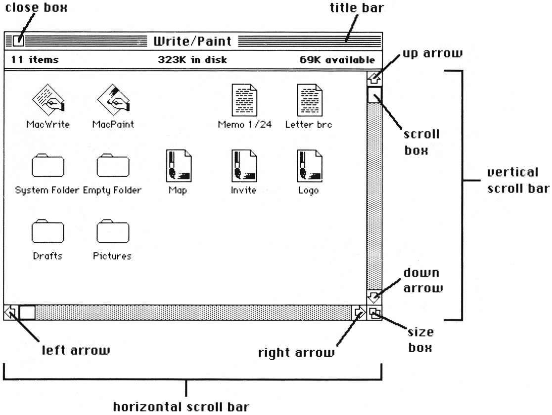 Figure 7. Window controls enable you to change a window’s size, scroll vertically or horizontally within it, or close an active window using the mouse.