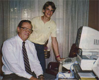 Above, Dr. Allen E. Puckett, Hughes Aircraft chairman, and his son Jimmy enjoy spending time at their computer workstation at home.