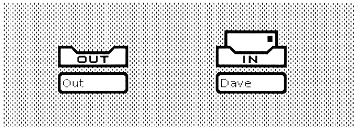 Figure 1: In-basket and out-basket icons. The in-basket contains an envelope indicating that mail has been received. (This figure was taken directly from the Star screen. Therefore, the text appears at screen resolution.)