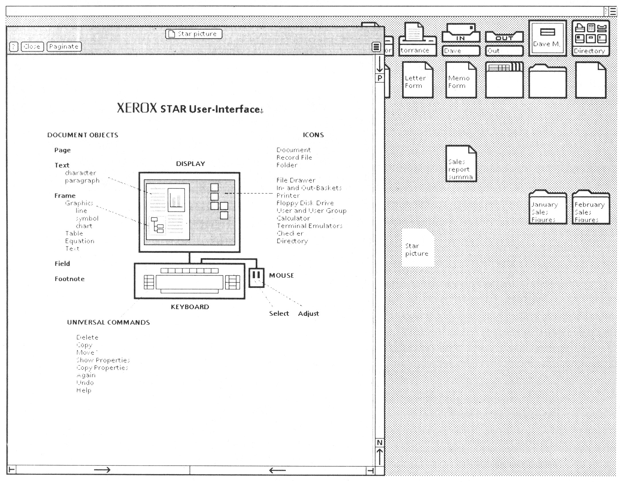 Figure 2: A Desktop as it appears on the Star screen. Several commonly used icons appear across the top of the screen, including documents to serve as “form-pad” sources for letters, memos, and blank paper. An open window displaying a document containing an illustration is also shown.