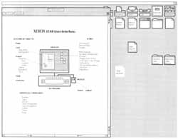 Figure 2: A Desktop as it appears on the Star screen. Several commonly used icons appear across the top of the screen, including documents to serve as “form-pad” sources for letters, memos, and blank paper. An open window displaying a document containing an illustration is also shown.