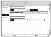 Figure 4: The option sheet for the Find command showing both the Search and Substitute options. The last two lines of options appear only when CHANGE IT is turned on.