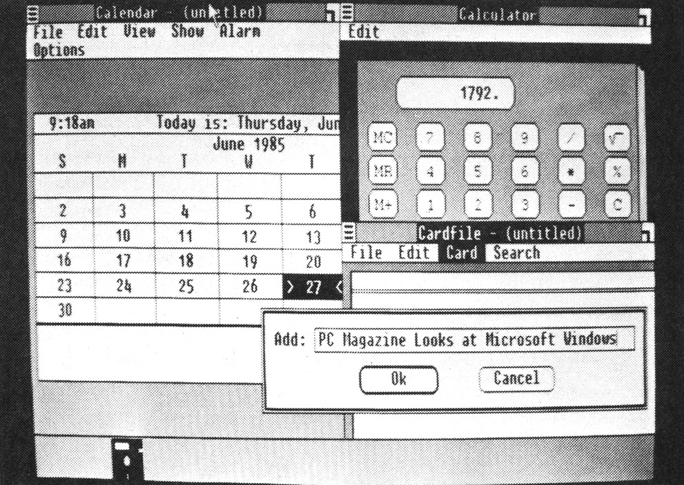 Overlapping windows give the program a decidedly Macintosh-like flavor.