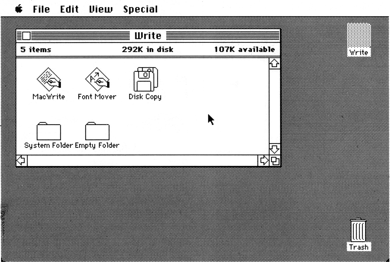 Figure 3: The desktop after a window has been opened for the Write disk. The top three icons in the window represent application and utility programs, while the lower two icons represent folders containing files.