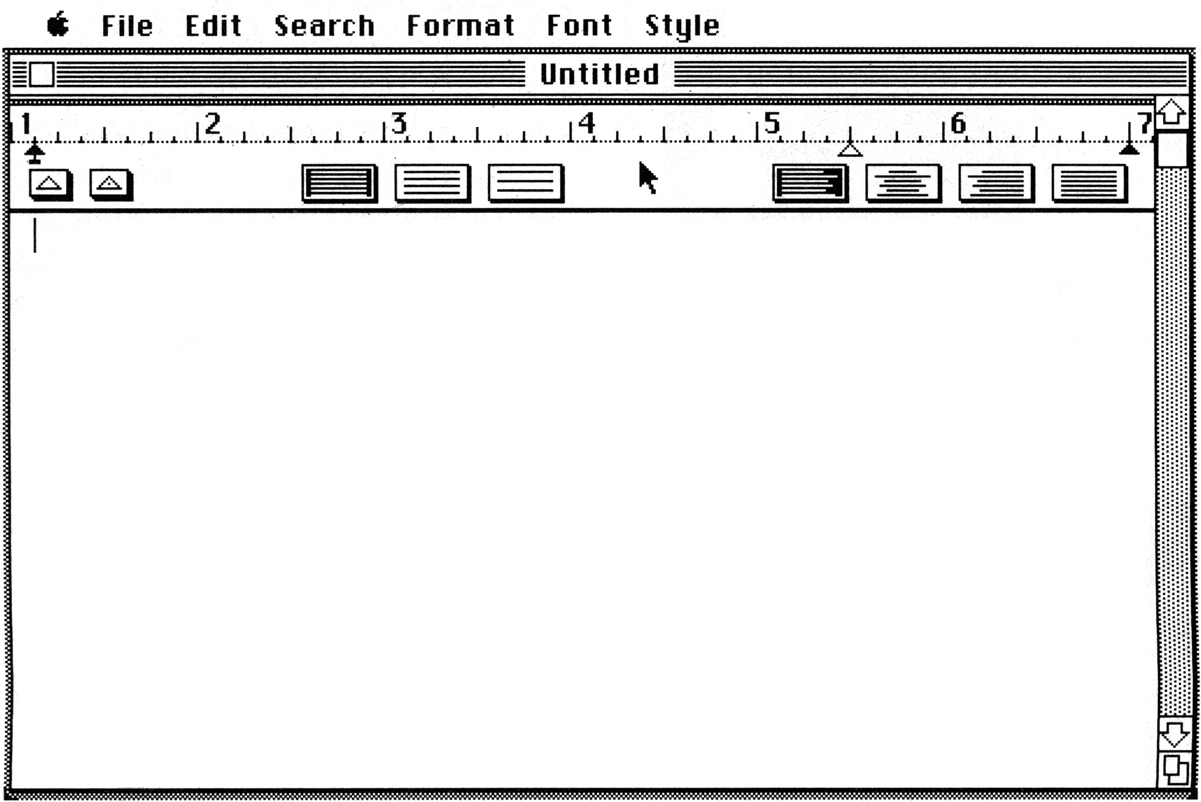 Figure 4: The MacWrite word-processor window. The bar on the right side of the window is used to scroll the document being worked on. The box at the bottom of this bar is used to resize the window. The small box in the upper-left corner of the window is used to close the window.