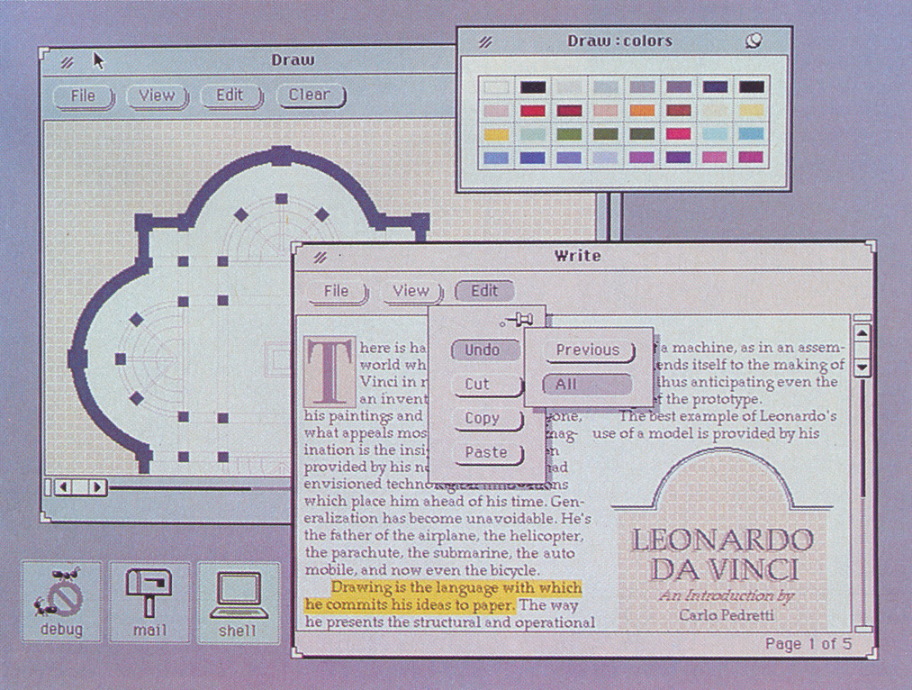 Figure 1: A typical Open Look screen with edit and draw applications. Each application consists of one main menu (which you can resize using the L-shaped corners) and several pop-up windows that you use to manipulate the data.