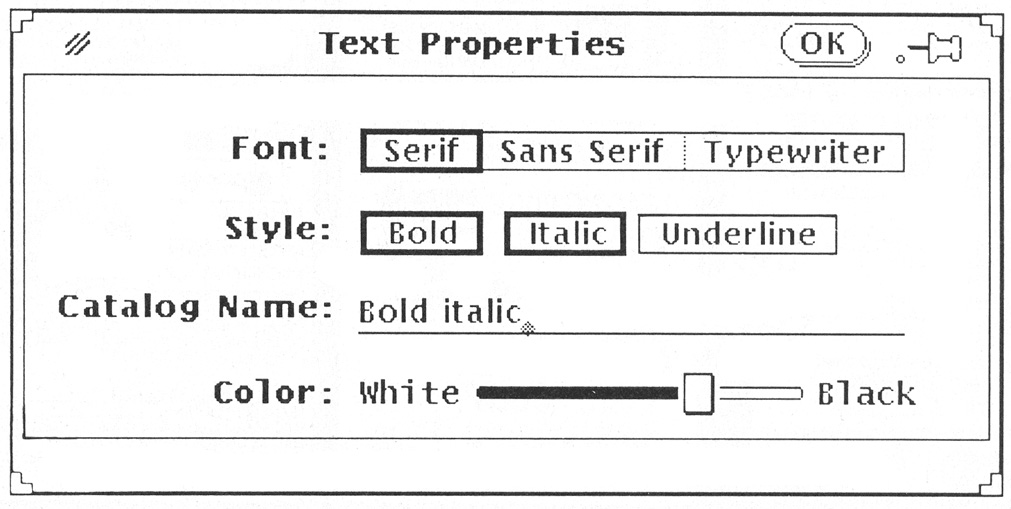 Figure 2: A typical Open Look property window for a word processing application. Settings whose boxes are closed together are exclusive – you can only choose one at a time. With settings whose boxes are separated, you can choose as many as you want.