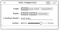 Figure 2: A typical Open Look property window for a word processing application. Settings whose boxes are closed together are exclusive – you can only choose one at a time. With settings whose boxes are separated, you can choose as many as you want.