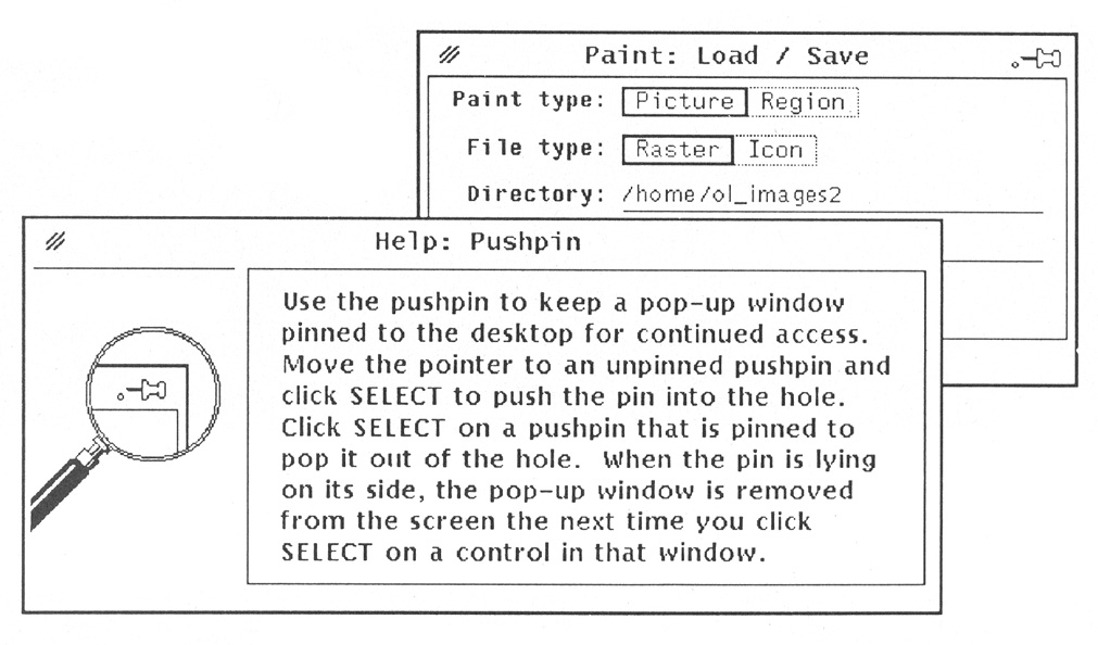 Figure 4: The Open Look help window, called by pointing to an object on the screen and pressing a Help key, contains a help message and a help lens, with a snapshot of the object for which you have requested help.