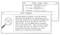 Figure 4: The Open Look help window, called by pointing to an object on the screen and pressing a Help key, contains a help message and a help lens, with a snapshot of the object for which you have requested help.