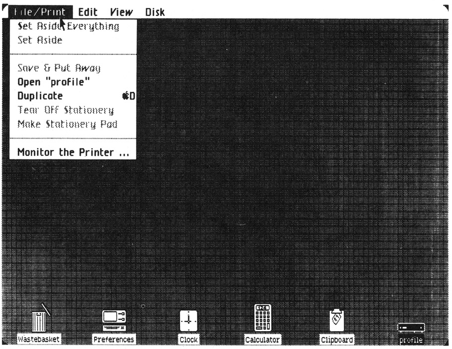 Figure 4. The Lisa desktop. The Profile icon has been selected (it is highlighted in the lower right of the desktop) and the File/Print menu has been pulled down.