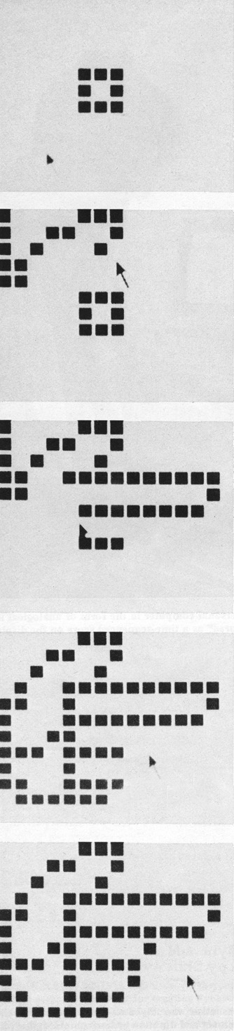 DISPLAY FONTS can be designed on personal computer by constructing them from a matrix of black-and-white squares. When the fonts are reduced, they approach the quality of those in printed material. The image of a pointing hand shown here is a symbol in SMALLTALK representing the concept of a literal word, such as the name associated with an activity.