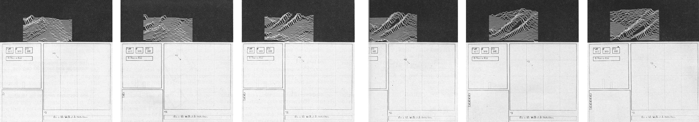 HELICOPTER SIMULATION was developed by a 15-year-old student. The user directs the helicopter where to go with the pointing device, which controls the position of the black arrow on the screen. The window at the top shows the changing topography of the terrain below as the helicopter flies over it (Actual terrains were obtained from Landsat maps.) A third window keeps track of the helicopter’s altitude, direction and speed. The variety of events that can be simulated at the same time demonstrates the power of parallel processing.