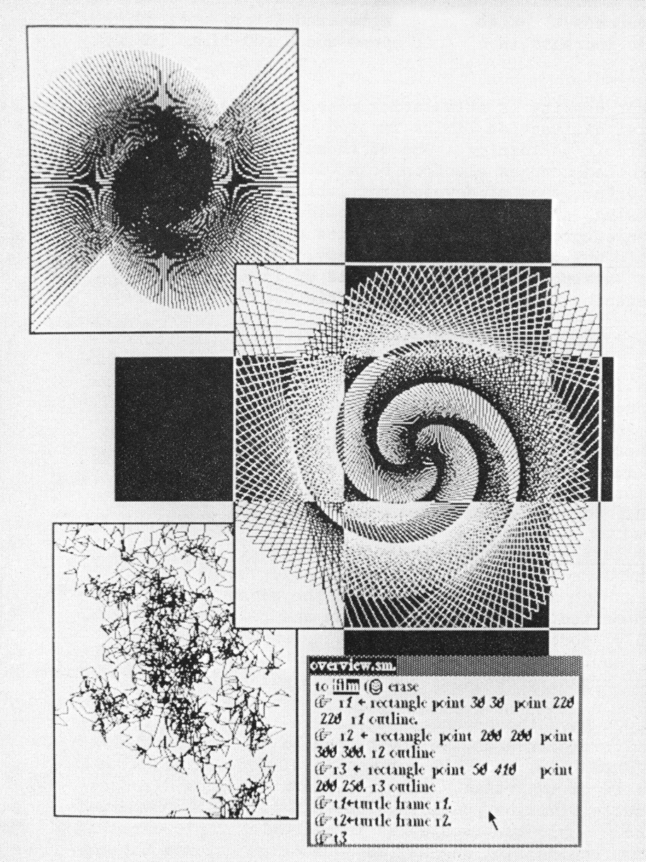 INTRICATE PATTERNS can be generated on the personal computer with very compact descriptions in SMALLTALK. They are made by repeating, rotating, scaling, superposing and combining drawings of simple geometric shapes. Students who are learning to program first create interesting free-form or literal images by drawing them directly in the dot matrix of the display screen. Eventually they learn to employ the symbolic images in the programming language to direct the computer to generate more complex imagery than they could easily create by hand.