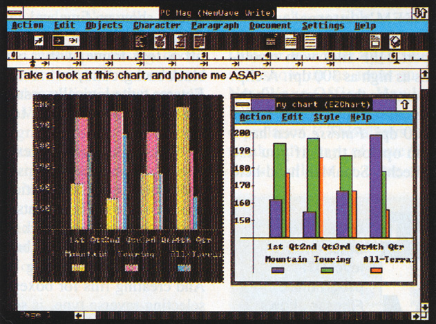 When a graph that has been moved into a NewWave Write document is selected, the application that created the graph appears. You can then change the graph with the graph program, and the graph in the NewWave Write document will change accordingly.