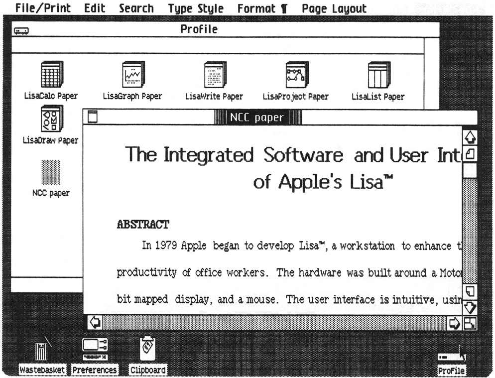 Figure 2: A Lisa screen showing the menu bar, two windows, and several icons