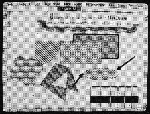 Photo 1: Three windows in Lisa showing different functions: LisaDraw, LisaWrite, and LisaGraph. LisaDraw is currently active.