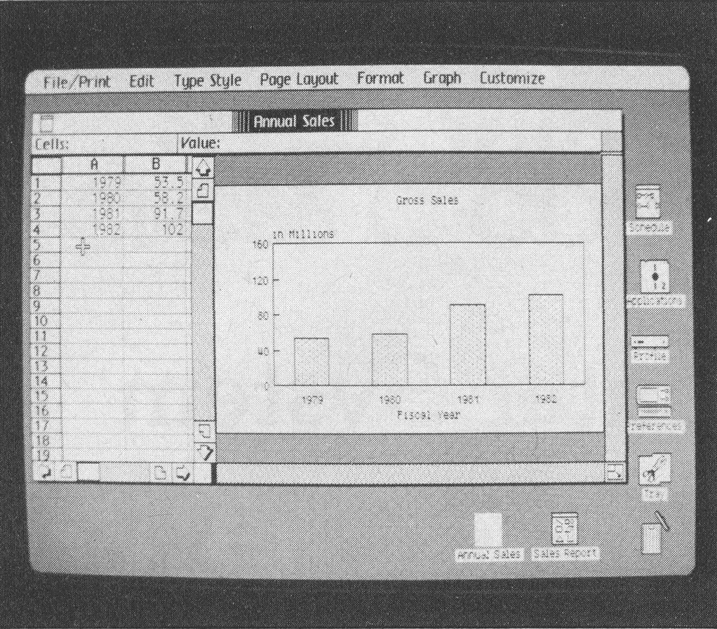 Photo 2a: Creating a chart using the Lisa Graph and Lisa Draw programs. See the text for details of how the image is generated and changed (picture 1 of 10).