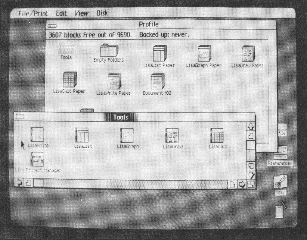 Photo 4b: File management on the Lisa system. Files, collections of files, and peripherals appear in a separate window (4b). The user can dynamically manipulate the window in several ways; in photo 4b-d, the window is enlarged (picture 2 of 4).