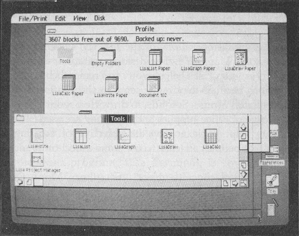 Photo 4c: File management on the Lisa system. Files, collections of files, and peripherals appear in a separate window (4b). The user can dynamically manipulate the window in several ways; in photo 4b-d, the window is enlarged (picture 3 of 4).