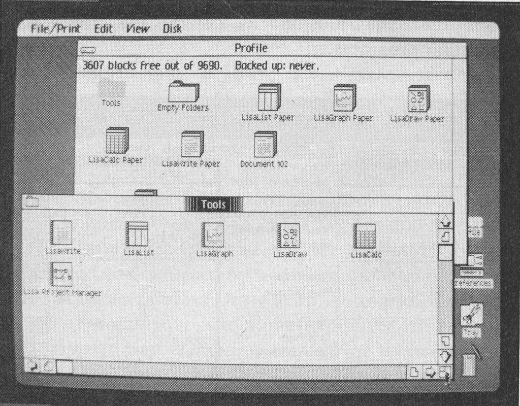 Photo 4d: File management on the Lisa system. Files, collections of files, and peripherals appear in a separate window (4b). The user can dynamically manipulate the window in several ways; in photo 4b-d, the window is enlarged (picture 4 of 4).