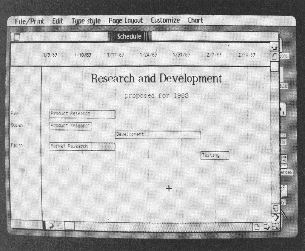 Photo 7b: The Lisa Project Manager program. Photo 7a shows a simple PERT chart with tasks on the critical path being heavily outlined; 7b shows a Gantt chart, which shows personnel utilization; 7c shows the kind of typical error message used throughout the Lisa system (picture 2 of 3).