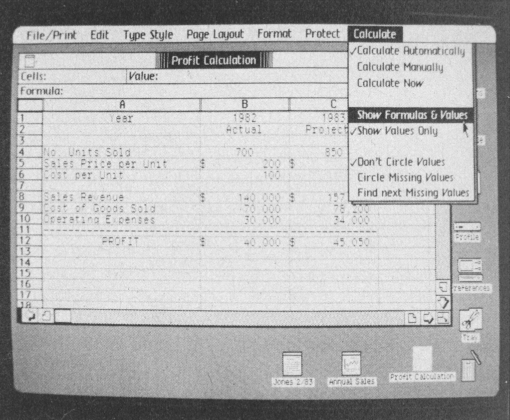 Photo 8a: The Lisa Calc program. Photo 8a shows a spreadsheet; 8b shows the same spreadsheet after the “Show Formulas and Values” command is executed (picture 1 of 2).