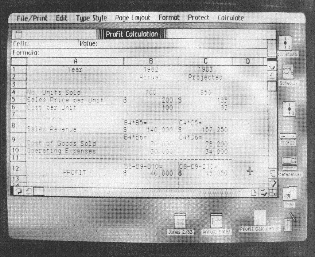 Photo 8b: The Lisa Calc program. Photo 8a shows a spreadsheet; 8b shows the same spreadsheet after the “Show Formulas and Values” command is executed (picture 2 of 2).