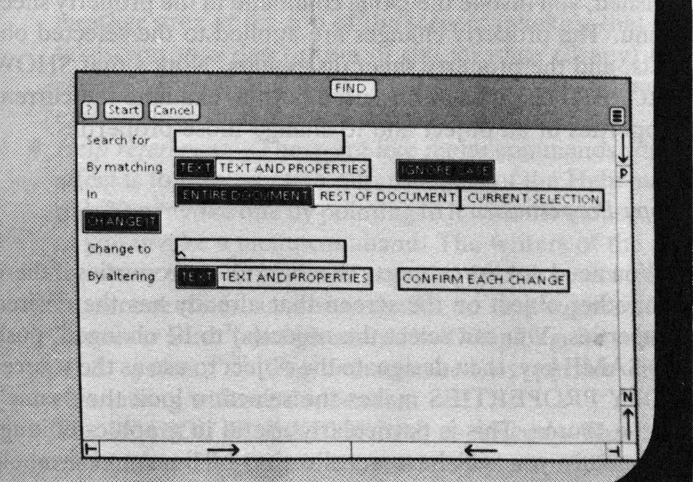 Figure 18. The Find option sheet showing Substitute options (The extra options appear only when CHANGE IT is turned on)