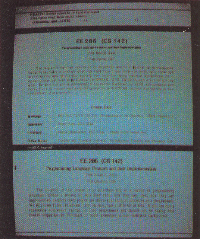 Photo 5e: Examples of Alto software: Bravo’s ability to change fonts (there are hundreds of fonts for the Alton, from Gothic to Elvish Runes; the central paragraph in this display has been changed to Greek). The document in the bottom window has to been converted to the form shown in the top window.