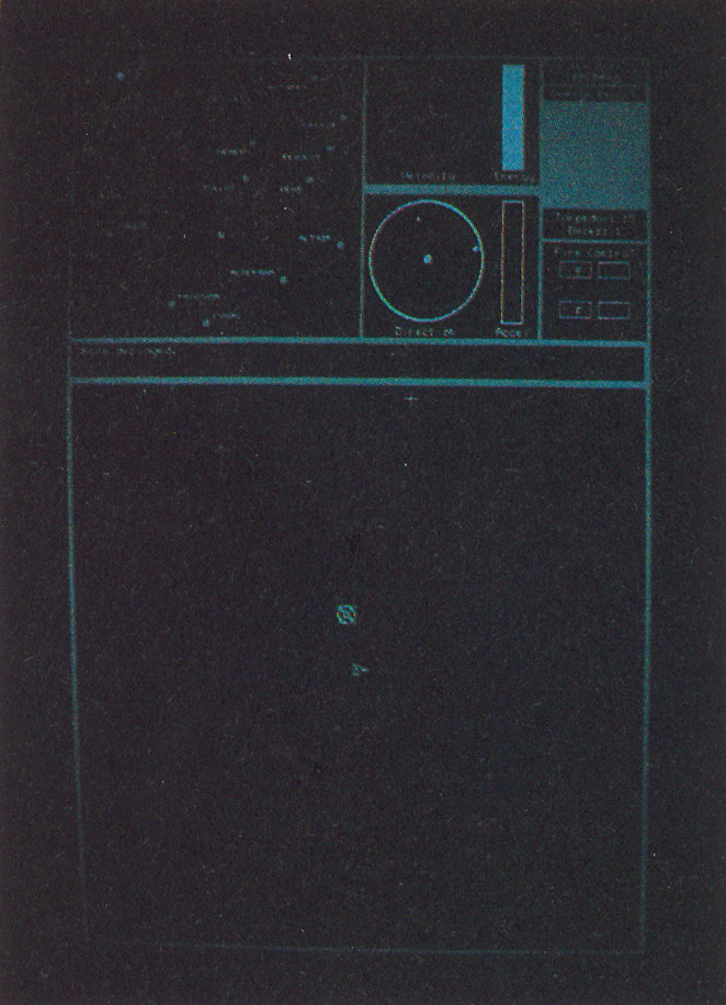 Photo 7: The multiplayer Trek program. This game is played entirely under mouse control. The lower portion of the screen shows a short-range sensor scan; above is the long-range display, and navigation and weapons controls.