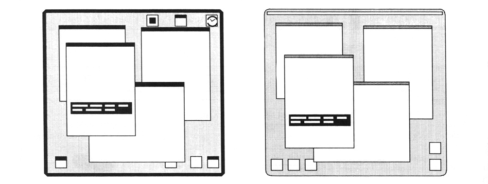 Figure 3. Visual order and user focus. The large amount of contrast present on the screen of many window systems (left screen) makes it difficult to focus on the relevant information. The selection should be the user’s main focus: it is the object of the next operation. The right screen shows how Star/ViewPoint’s screen design focuses attention on the selection.