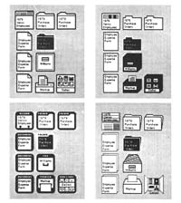 Figure 4. Visual order and user focus. Four candidate sets of icons were designed and tested for Star. A representative sample from each set is shown here. In Star, the icon selected by the user is indicated by inverting its image. Candidate icon sets in which the images are mostly white allow icons to stand out when selected. The set that best satisfies this criterion, the one on the upper left, was chosen.